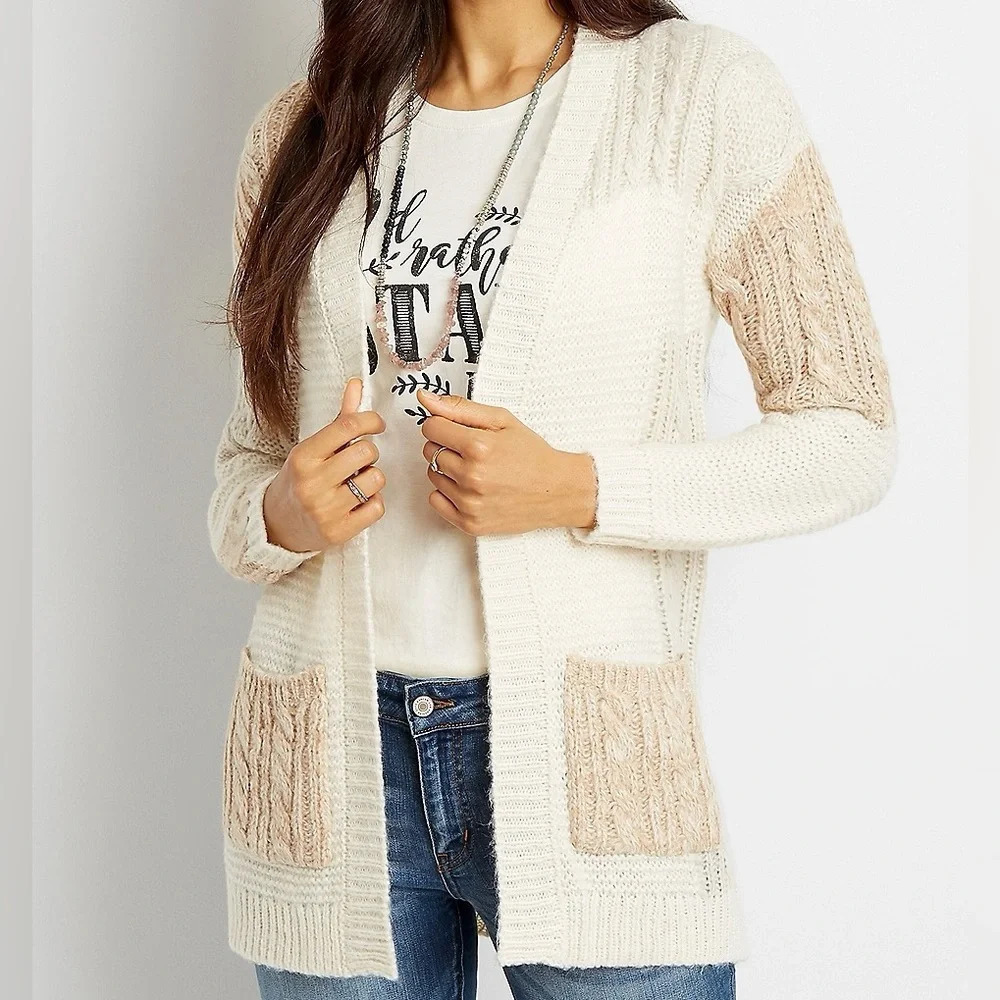 Maurices Cream & Tan Patchwork Cardigan Sweater Pocket Tight Knit Medium Women’s